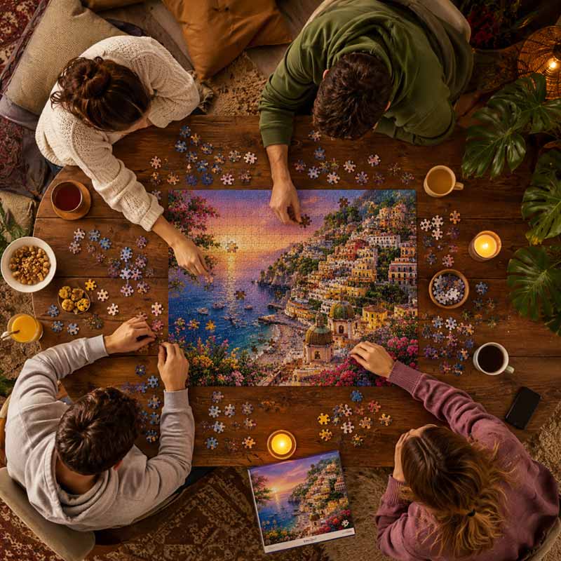 Friends assembling a jigsaw puzzle together at a table